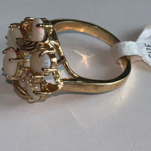 NWT heavy yellow 18kt gold electroplate ring Sz 7 w/6 opals floral - Picture 4 of 9